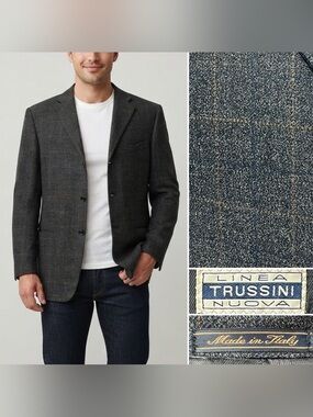Trussini Men's 46L Charcoal Gray Windowpane Plaid Wool Blazer Jacket